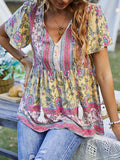 woloong Tied Tasseled Split-Joint Flower Print Buttoned Short Sleeves Loose V-Neck T-Shirts Tops