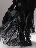woloong Split-Joint See-Through Mesh Jacquard Hollow Elasticity Loose High Waisted Skirts Bottoms