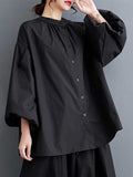woloong Solid Color Pleated Hollow Buttoned Puff Sleeves Nine-Minute Sleeve Round-Neck Blouses&Shirts Tops