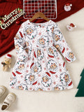 Girls Cute & Sweet Long Sleeve Allover Cartoon Christmas Elements Pattern Dress For Spring & Fall, As Christmas Gifts