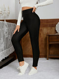 1pc Thermal Fleece-Lined High-Waist Leggings, Butt-Lifting, Slim-Fit, Mid-Stretch Warm Base Layer Pants Indoor & Outdoor Activities, Solid Black For Fall & Winter