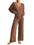 woloong V-Neck Long Sleeves Loose Solid Color Shirt Top + Pants Bottom Pajama Sets