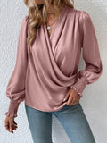 woloong Solid Color Elasticity Loose Long Sleeves V-Neck Blouses&Shirts Tops