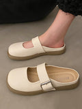 woloong Split-Joint Shallow Cut Round-Toe Belt Buckle Slippers&Mules Platform Shoes