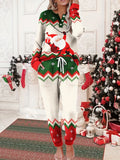 Cozy Santa Claus Print Two-Piece Outfit - Women's Casual Clothing - Crew Neck Long Sleeve Top & Slant Pocket Drawstring Waist Pants with Festive Holiday Design