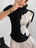 woloong Short Sleeves Skinny Flower Print High Neck T-Shirts Tops