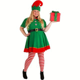 4PCS Women's Christmas Elf Costume Set - Polyester Elf Dress, Hat, Belt, Striped Stockings for Holiday Parties & Halloween - Universal Adult Novelty Outfit without Feathers, No Electricity Required