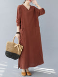 woloong Split-Side Solid Color Pockets Loose Long Sleeves V-Neck Maxi Dresses