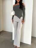woloong Solid Color Skinny Long Sleeves Off-The-Shoulder T-Shirts