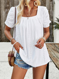 woloong Solid Color Pleated Hollow Short Sleeves Loose Square-Neck T-Shirts Tops
