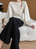 woloong Solid Color Belly-Hollow Asymmetric Puff Sleeves Loose Round-Neck Blouses&Shirts Tops