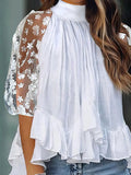 woloong High-Low Loose Floral Mesh Pleated See-Through Solid Color Split-Joint Mock Neck Blouses&Shirts Tops
