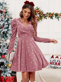 Elegant V-Neck Christmas Star Pattern Dress for Women, Polyester Knit Fabric, Long Puff Sleeve Cross Detail A-Line Skater Dress for Fall/Winter