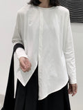 woloong Split-Joint Split-Front Solid Color Asymmetric Loose Long Sleeves Round-Neck T-Shirts