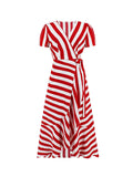 woloong Tied Striped Split-Joint Short Sleeves Loose V-Neck Maxi Dresses