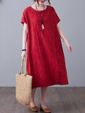 woloong Original Solid Jacquard Short Sleeve Midi Dress