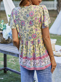 woloong Tied Tasseled Split-Joint Flower Print Buttoned Short Sleeves Loose V-Neck T-Shirts Tops