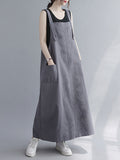 woloong Casual Solid Color With Pocket Suspender Dress