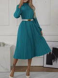 woloong Solid Color Pleated No Belt Hollow Elasticity Buttoned Puff Sleeves Loose High Neck Midi Dresses