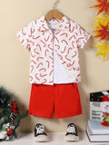 Boys' Christmas Printed 2-Piece Outfit, Polyester Fabric, Party Style, Non-Stretch, Random Print, Regular Fit, Woven, Button Detail, Shorts Set for Toddler Boys, for Outdoor