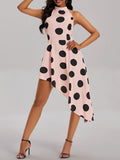 woloong Polka-Dot Asymmetric Sleeveless Loose Halter-Neck Midi Dresses