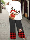 Women's Elegant Christmas Reindeer Print Knit Top & Wide-Leg Pants Set - Crew Neck, Long Sleeve, Stretchy Polyester Blend, Machine Washable - Festive Holiday Outfit