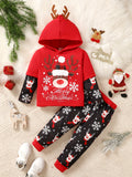 Boys' Christmas Outfit Set, Long Sleeve Hoodie with Reindeer Antlers & Snowflake Print Pants, Casual Knit Pullover with Random Print, Polyester Blend, Regular Fit, for Autumn/Winter Season, For Outdoor