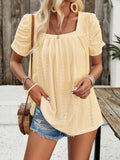 woloong Solid Color Pleated Hollow Short Sleeves Loose Square-Neck T-Shirts Tops