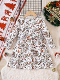 Adorable Reindeer Graphic Crew Neck Long Sleeve Dress for Kids - Soft, Comfortable, and Stylish Fall Christmas Outfit for Girls - Perfect for Holiday Parties and Casual Wear