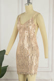 woloong - Apricot Sexy Solid Tassel Sequins Patchwork Spaghetti Strap Sling Dress Dresses