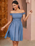 Womens Elegant Denim Midi Dress - Off-Shoulder Design with Delicate Ruffle Smocked Detail and Classic Plain Jean Skirt - Perfect for Chic Summer Fashion Occasions