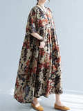 woloong Floral Printed Short Sleeves Puff Sleeves Round-Neck Midi Dresses