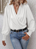 woloong Solid Color Elasticity Loose Long Sleeves V-Neck Blouses&Shirts Tops