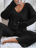 woloong V-Neck Long Sleeves Loose Solid Color Shirt Top + Pants Bottom Pajama Sets