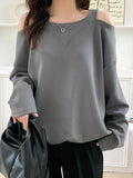 woloong Solid Color Hollow Loose Long Sleeves Round-Neck T-Shirts Tops