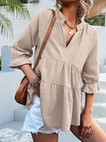 woloong Split-Joint Solid Color Pleated Elasticity Three-Quarter Sleeves Loose V-Neck T-Shirts Tops