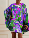 woloong Batwing Sleeves Long Sleeves Buttoned Hollow Printed Round-Neck Mini Dresses