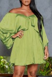 woloong - Light Green Casual Solid Patchwork Off the Shoulder Long Sleeve Dresses