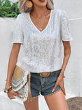 woloong Split-Joint Shiny Sequined Short Sleeves Loose V-Neck T-Shirts