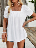 woloong Solid Color Pleated Hollow Short Sleeves Loose Square-Neck T-Shirts Tops
