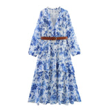woloong Flared Sleeves Loose Flower Print Split-Joint Split-side Deep V-Neck Midi Dresses