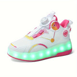 Girls Sparkle Roller Skateboard Shoes - Dazzling Rechargeable LED Light, Fun Rotating Button, Ultra-Lightweight, Advanced Anti Slip, Double-wheeled - Perfect for Indoor and Outdoor Adventures, All Seasons