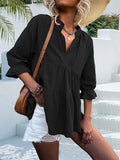 woloong Split-Joint Solid Color Pleated Elasticity Three-Quarter Sleeves Loose V-Neck T-Shirts Tops