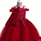 Elegant Girls' Embroidery Cold Shoulder Bow Tutu Dress Kids Clothes Gift Christmas