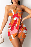 woloong - Orange Sexy Print Patchwork Backless Strapless Sleeveless Dress Dresses