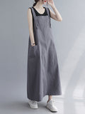 woloong Casual Solid Color With Pocket Suspender Dress