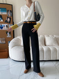 woloong Split-Joint Contrast Color Buttoned Long Sleeves Flared Sleeves V-Neck Cardigan Tops