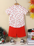 Boys' Christmas Printed 2-Piece Outfit, Polyester Fabric, Party Style, Non-Stretch, Random Print, Regular Fit, Woven, Button Detail, Shorts Set for Toddler Boys, for Outdoor