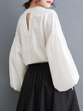 woloong Solid Color Pleated Hollow Buttoned Puff Sleeves Nine-Minute Sleeve Round-Neck Blouses&Shirts Tops