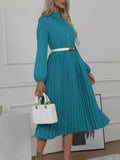 woloong Solid Color Pleated No Belt Hollow Elasticity Buttoned Puff Sleeves Loose High Neck Midi Dresses